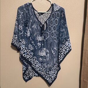 Investments Navy and White Patterned Poncho Style Top